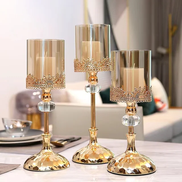 Wedding Home Decorative Gold Metal Cylindrical Table Centerpieces Candle Holder Classic Glass Pillar Candlesticks