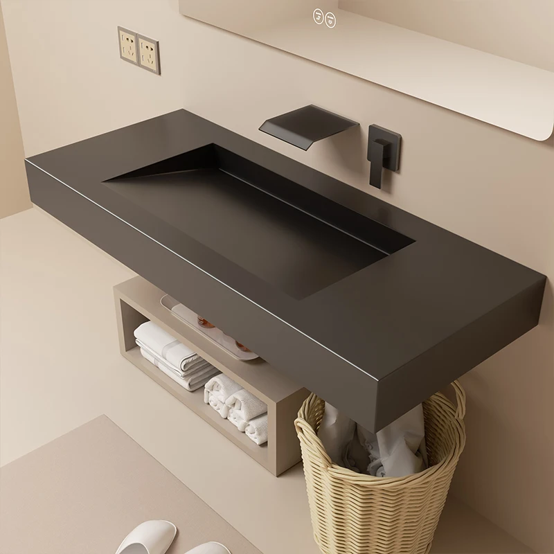 High Quality Customized Luxury Rock Slab Fluted Bathroom Villa Black Sloping Basin Textured Vanity with Sink