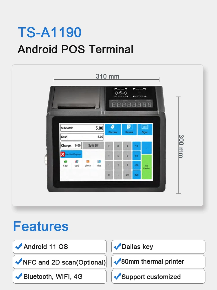 10,1 'Android 11 pos-планшет pos-система wifi NFC с 80 мм термопринтером