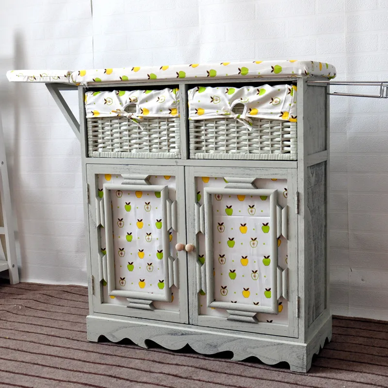 Popular Foldable Ironing Board Solid Wood Cabinet Folding Top Center Rattan Storage Basket
