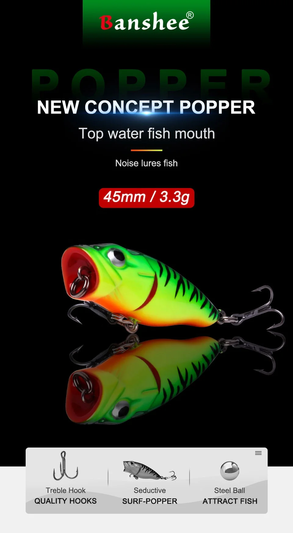 Banshee Baby Bass Popper 45mm 3.5g Topwater Bass Lures Firetiger