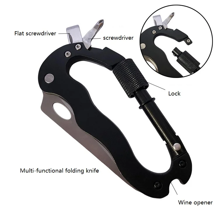 Multi-functional 5 in 1 Aluminum Climbing Hook Gear Multi Carabiner With Knife Tools Outdoor