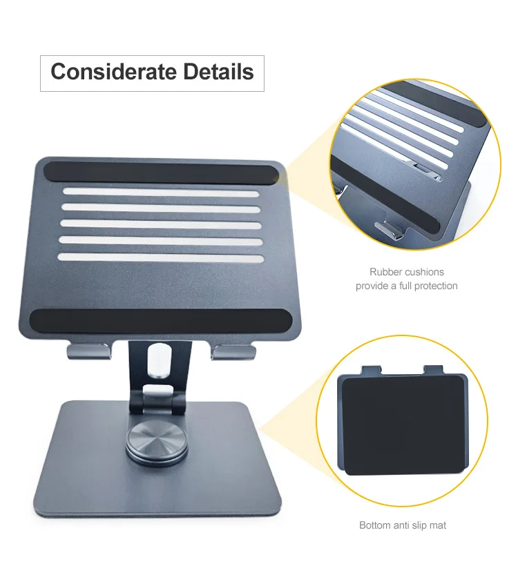 Aluminium Desktop Tablet Stand Holder Foldable Portable Adjustable Cellphone Holder With 360 Rotating Base