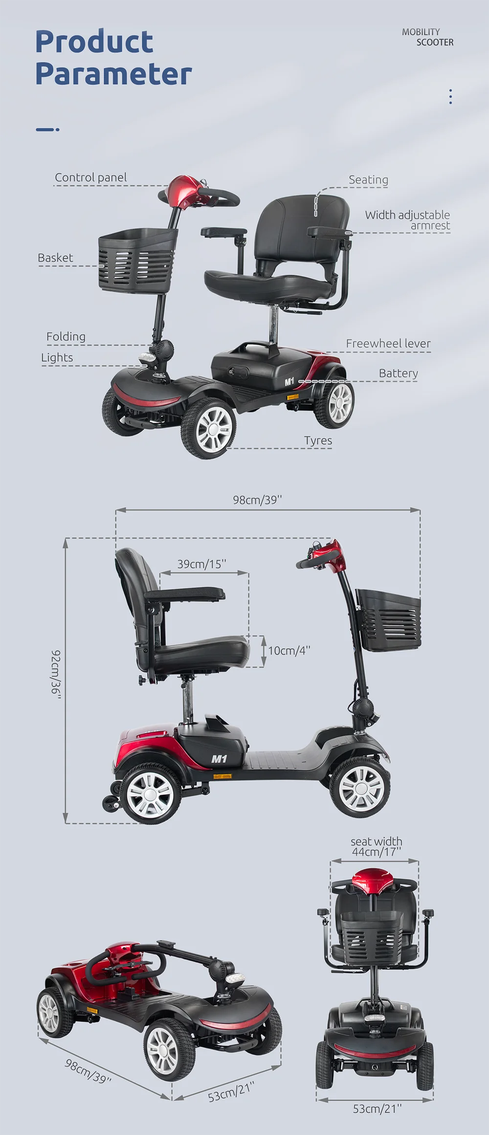 Factory Price 200W-500W mobility scooter elderly mobility scooters electric 4 wheel with 7'' 9'' 10'' 13'' wheels details