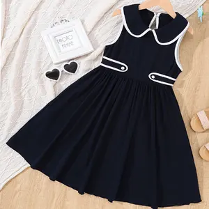 8-12 Years Girls' Summer Navy Dress Korean Style Sleeveless Doll Collar Casual Solid Vest Skirt Lace Plain Dyed Clothes for Kids