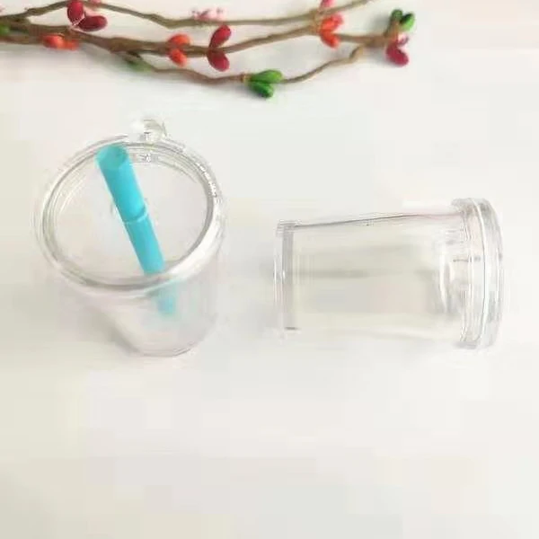 Floating Creative Hot Selling Empty DIY Flat Top Mini Flat Cover Tea Cup Shape Keychains Acrylic Key Chain With Colorful Straws