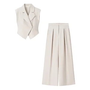 Customize Beige Notched Collar Single Button Vest Waistcoat Zipper Fly Full Length Long Pants Casual Fashion 2 Piece Knee Set