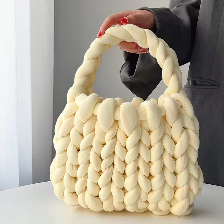 Custom Soft Wool Chunky Knit Thick Yarn Crochet Handmade Woven Handbag Bag Women Daily DIY Tote Bag