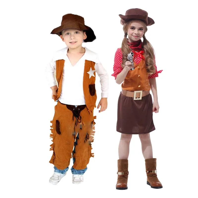 Cowboy costume for boys, kids clothes for cosplay, set with vest + pants +  scarf + hat