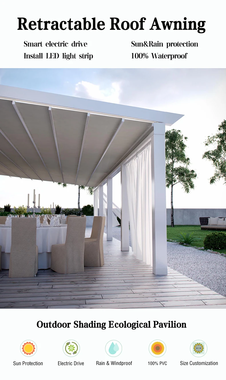 Outdoor Gazebo Awning System Metal Pvc For Swimming Pool Electric Retractable Roof