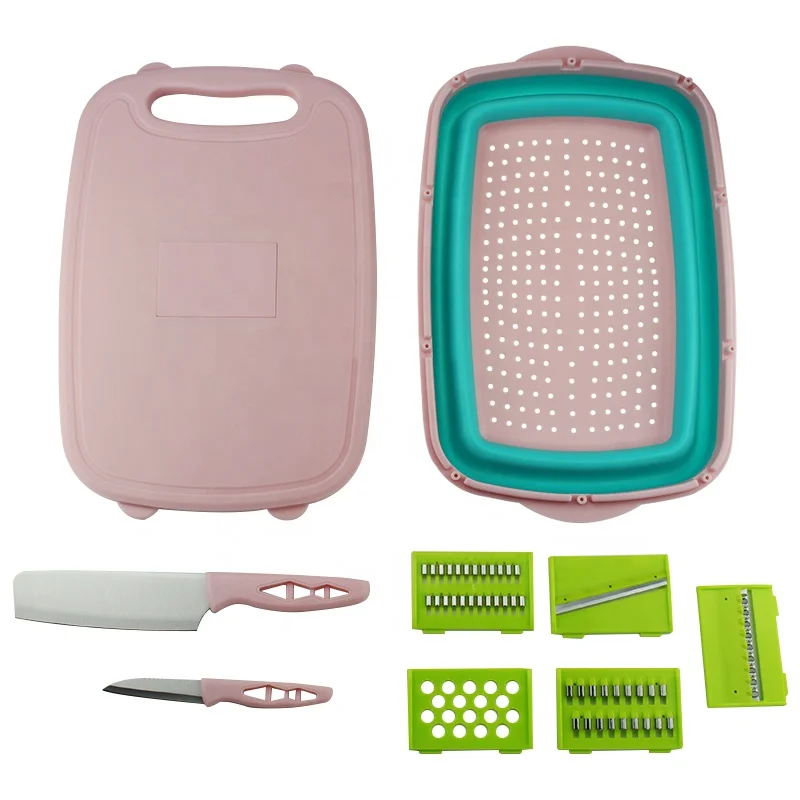 Multifunctional 9 in 1 Foldable Cutting Board With Collapsible Colander and Vegetable Chopper Slicer