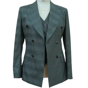 Elegant Women's 3-Piece TR Fabric Suit Double Breasted Blazer New Style Plaid Curved Lapel V-Neck Collar Coat Pant Vest