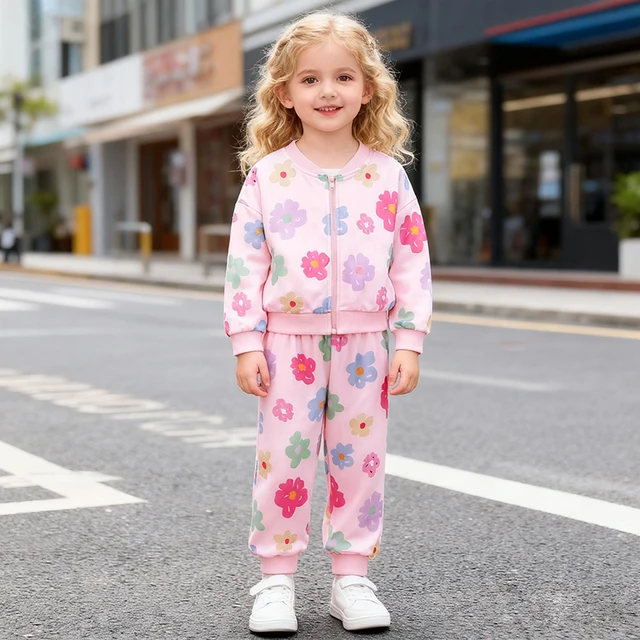 Children Girls Clothing Set Long Sleeve Sweatshirt With a Zipper and Sweatpants Flower Pattern Autumn Sweet Outfit for 2-7Y
