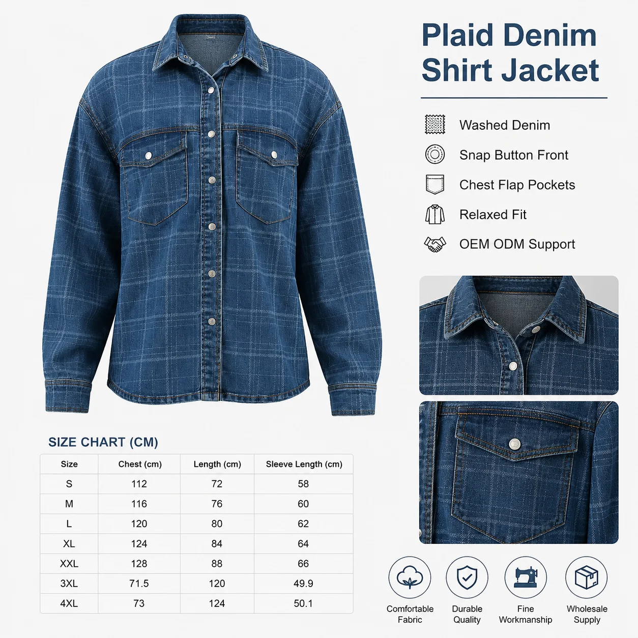 Mens Blue Plaid Denim Shirt Jacket and Wide Leg Pants Set Casual Long Sleeve Outfit