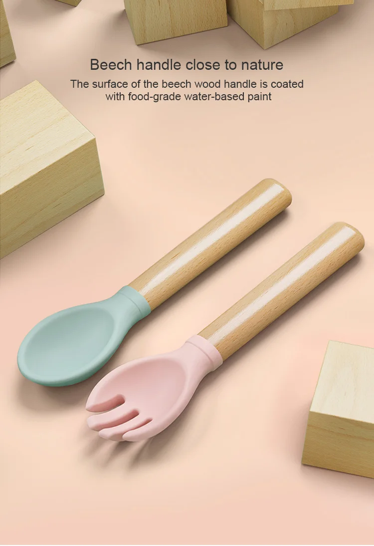 High Quality Infant Training Plate Bib Spoon Set Small Wooden Baby Fork