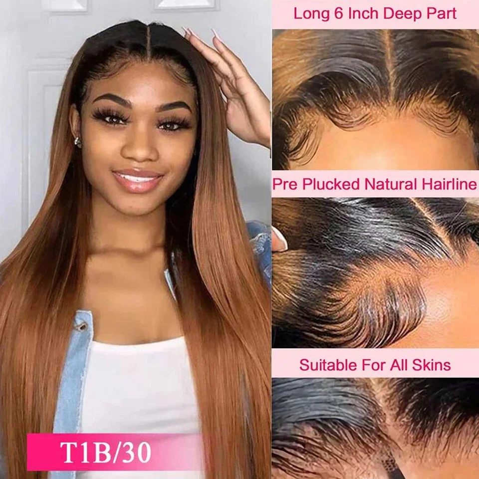 Perucas de cabelo humano liso T1B/30 coloridas 13X1 6x1 T Parte Lace Wig Peruca de renda frontal brasileira para mulheres Cabelo Remy_voghion.com