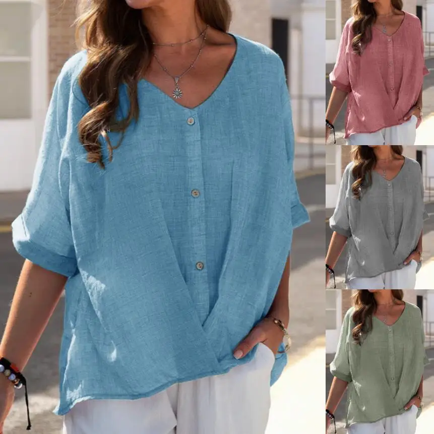 S-5XL plus size women casual linen top blouses half sleeve button down cotton linen shirts