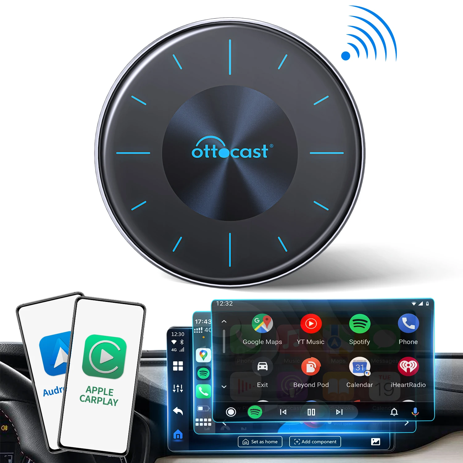 OTTOCAST P3 CarPlay AI Box 2024 Android 12.0 CarPlay Video Adapter Wireless  CarPlay Android Auto Dongle Support HD MI Output,