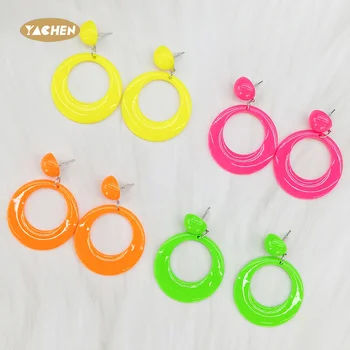 YACHEN Glow Party Fluorescent Neon Hoop Accessories Round Retro PS 80s 90s Neon Party Earrings for Women Girls