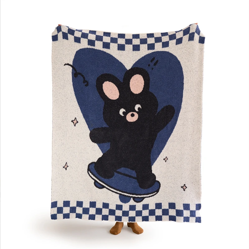 High Quality Cute Cartoon Skateboard Bear Jacquard Knitted Throw Blanket For Home Decoration Sofa Bedroom Blanket PKX