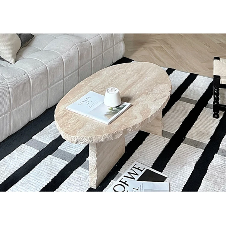 Free Shape Split Rock Edge Natural Marble Stone Round Oval Table Luxury Travertine Marble Coffee Tables