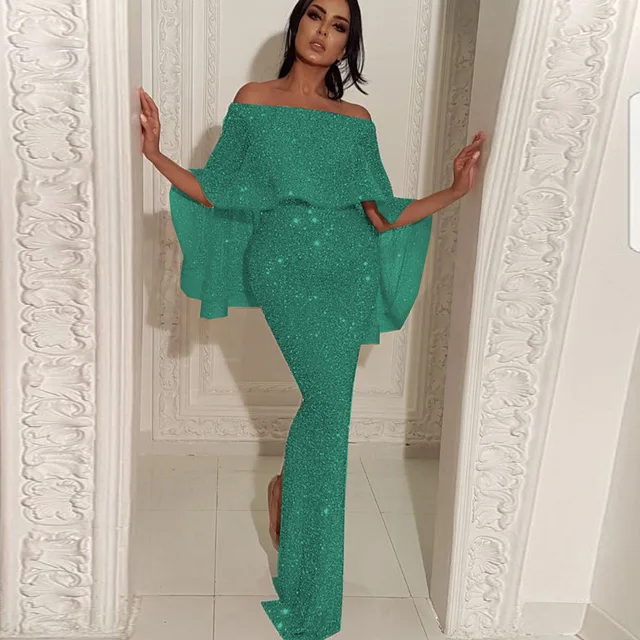 2022 Bling Glitter Elegant Party Evening Maxi Dress  Bodycon Sexy Women Summer Off Shoulder Ruffles Solid Long Dresses - Image 4