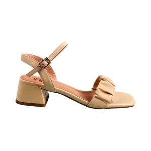 Summer Thick Heel Square Toe Women's Shoes Button Closure Height Increasing 2026 Pleated European American Mid-heel Sandals