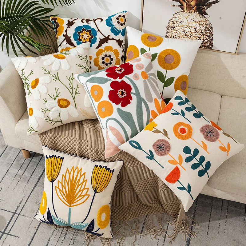 Modern Rustic Floral Cotton Boho Throw Pillow Case Embroidered Leaves Pattern for Home or Hospital Decor