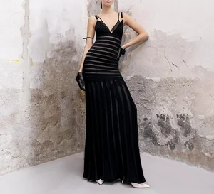 Fashionable Sexy Deep V Backless Nightclub Party Vest Long Dress Hollow Out Dress Black Bandage Dress Party Dresses