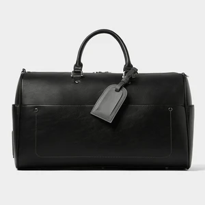 Custom Logo Vegan PU Leather Black Men's Travel Duffle Weekender Overnight Bag for Men