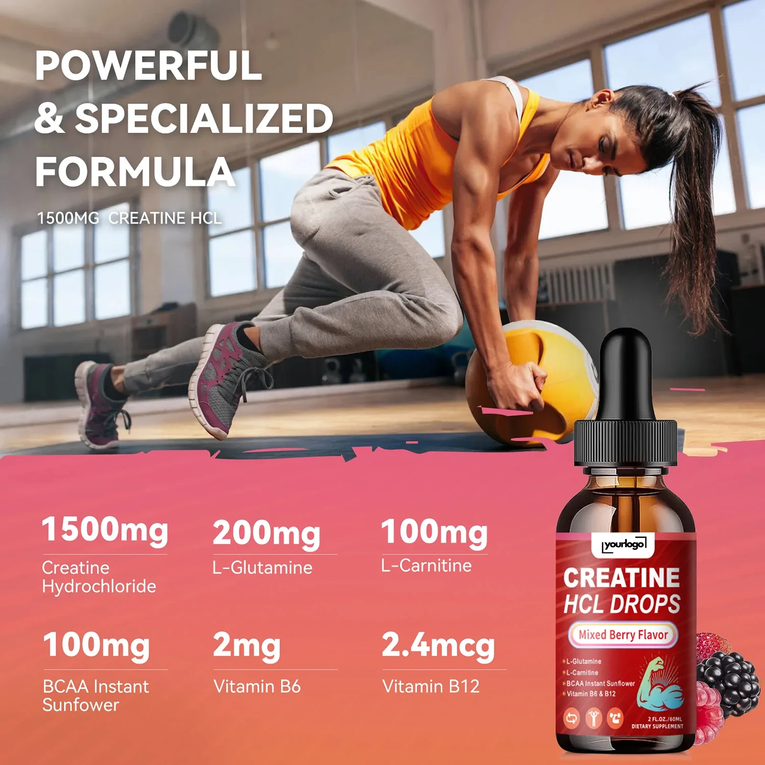 OEM Private Label Creatine HCL Liquid Drops Creatine Hydrochloride with L-Carnitine, L-Glutamine, BCAA, Vitamin B12 & B6