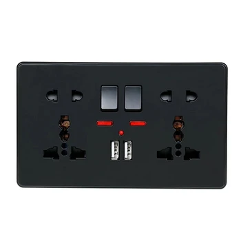 Wall Power Socket Double Universal 5 Hole Switched Outlet With Neon 2.1A Dual USB Charger Port LED indicator Black