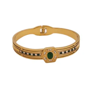 Low MOQ   Exquisite Retro Multi-element Gold Plated Bangles Irregular Green Inlaid Steel Temperament Female Bangles with Cuffs