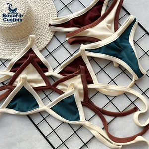 OEM  Customized Logo Luxury Women's Designer Bikini Set Cheeky Bottom Removable Padded Striped Color-block Swimsuit