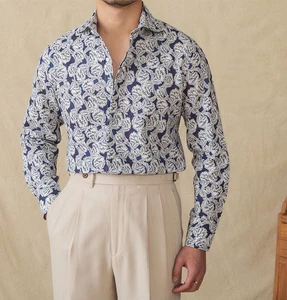 Spring Men's Casual Cotton Linen Printed Windsor Collar Breathable Shirt Youth High Quality Long-sleeved Shirt for Men