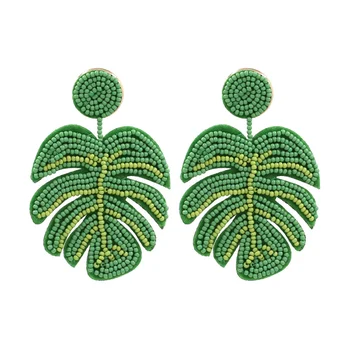 Creative Big Green Beaded Plant Palm Leaf Earrings Statement Seed Bead Monstera Earrings