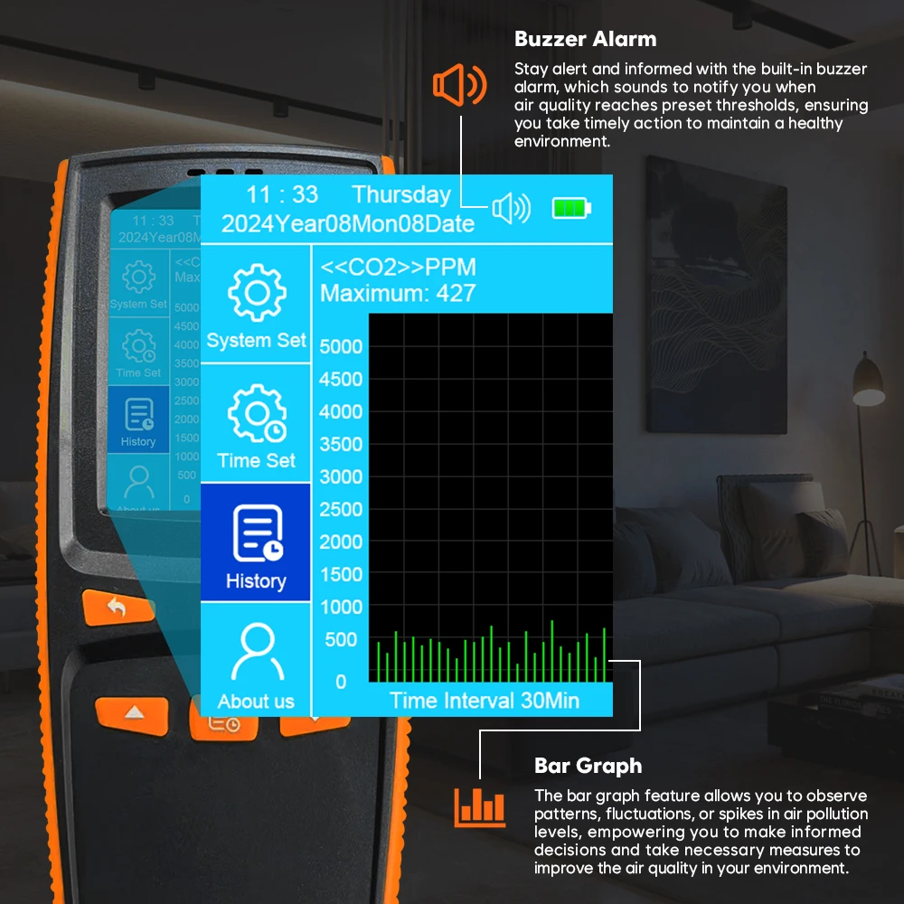 Détecteur Qualité Air Multifonction - CO2, TVOC, HCHO, PM2.5, PM10 - Écran LCD Rétroéclairé - Alimentation USB - Pour Bureau Maison - 5