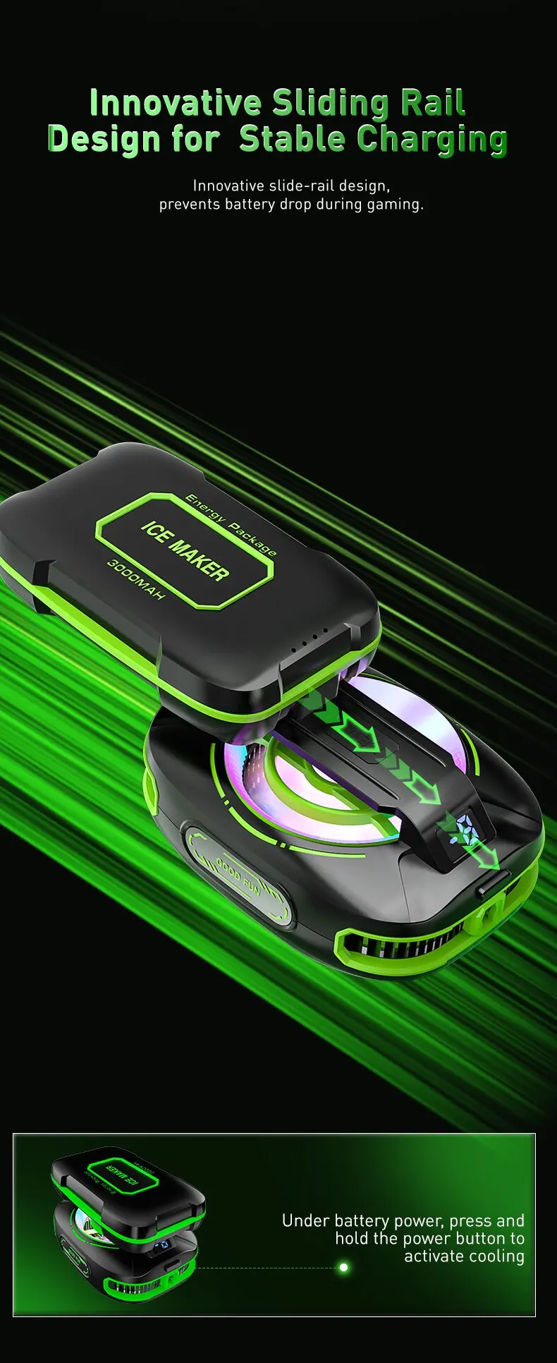 JS85 armored design Wireless 3000mAh Backpack battery Level 7 speed adjustable gaming semiconductor phone cooling radiator