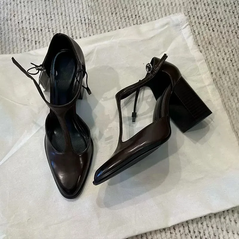 Ladies Pumps Shoes Pointed Toe Chunky Heel 6cm Lace Up Roman Mary Jane Women