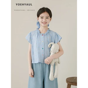 YOEHYAUL CD1224 100% Cotton Big Girls Tshirt for Girls Children Ruffle Neckline T Shirts T-shirt for Teenagers Kids Girls