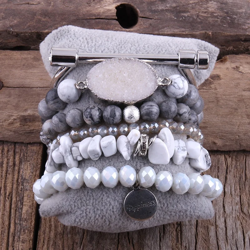 Crystal Beads Alloy Leaf Bangle Piece Chip Beaded Bracelet Set