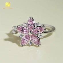 Rotatable 925 Silver Pink Moissanite Women Wedding Ring Flower Moissanite Diamond Engagement open Rings For Women