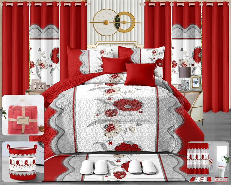 Wholesale 24pcs Print Bedding Set with Matching Curtains Luxury Cotton Bedsheet Bathroom Set Bedspreads Quilts for king Size Bed