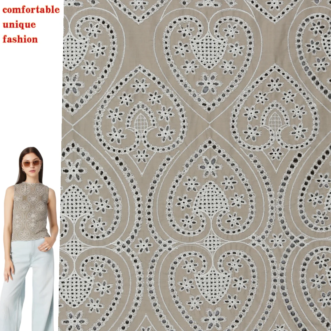 Textured Brown Cotton Fabric with Delicate Punch-Hole Embroidery Soft & Stylish for Women's Wear  Customized Embroidery Fabric