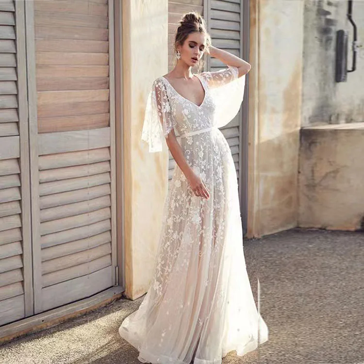 2023 Spring and Summer New Deep V Mid Length Dress Lace Backless Evening Dress