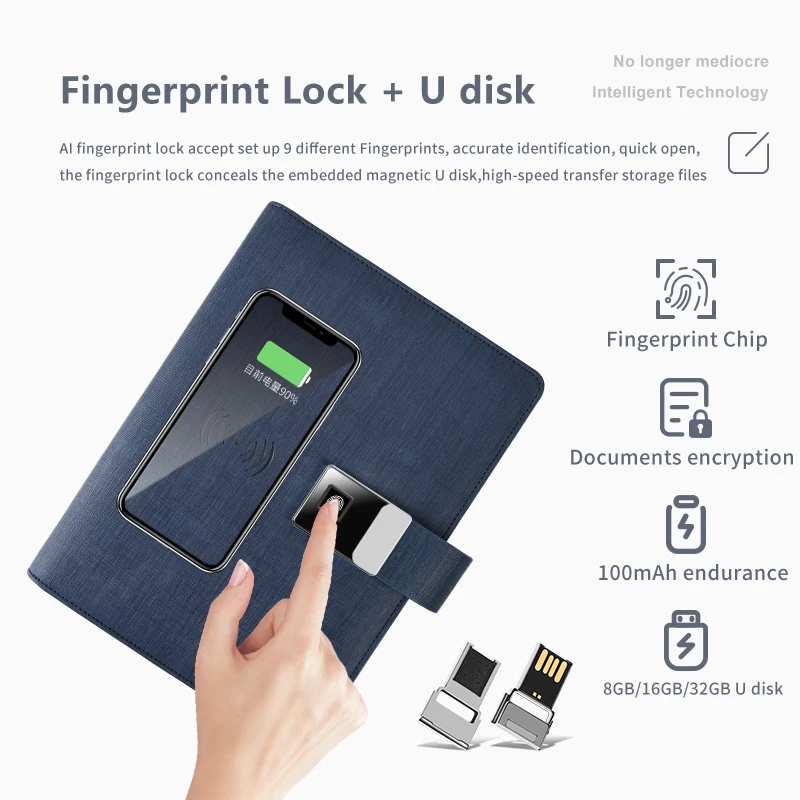 Customized OEM Fingerprint Unlock Diary 7 Inch MP4 LCD Screen Smart Notebook Leather Smart Notebook with Powerbank