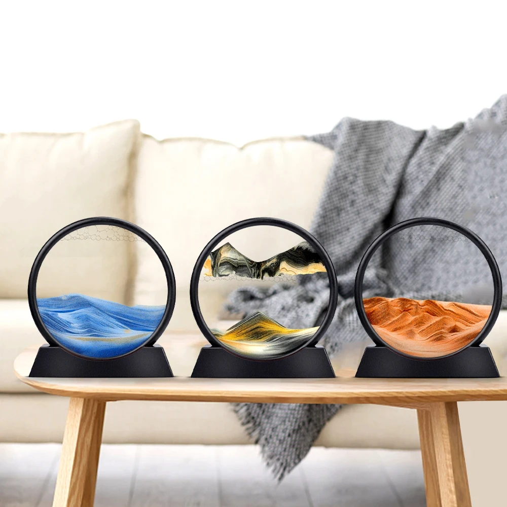 7/12inch Moving 3D Art Picture Round Glass Hourglass Deep Sea Sandscape in Motion Display Flowing Sand Frame for Home Decor 0