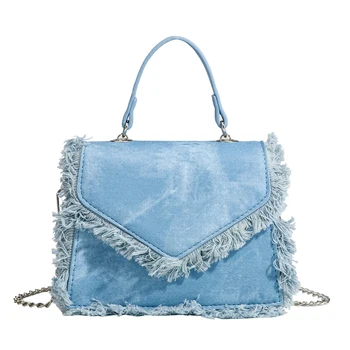 Casual & fashion style Chic Denim tassel edge flip design chain Cute Satchels CrossBody Hobo shoulder bag