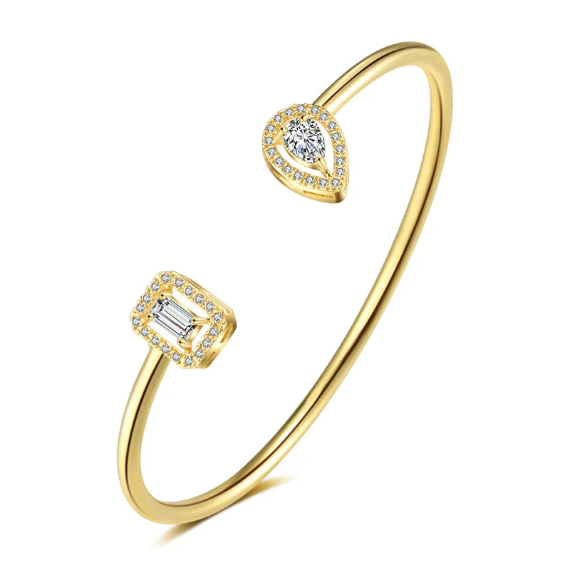 INS Style White Gold Plating Sparkling Full Crystal Heart Shape Bangles Square Geometric Full Cubic Zircon Diamond Open Bangles