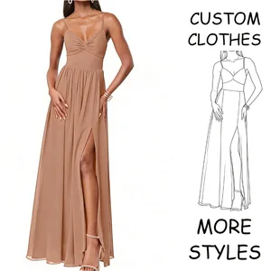Custom Maxi A-Line Halter Neck Sleeveless Chiffon Dresses Women Casual with Lace Ruffles Slit Eco-Friendly & Breathable Fabric